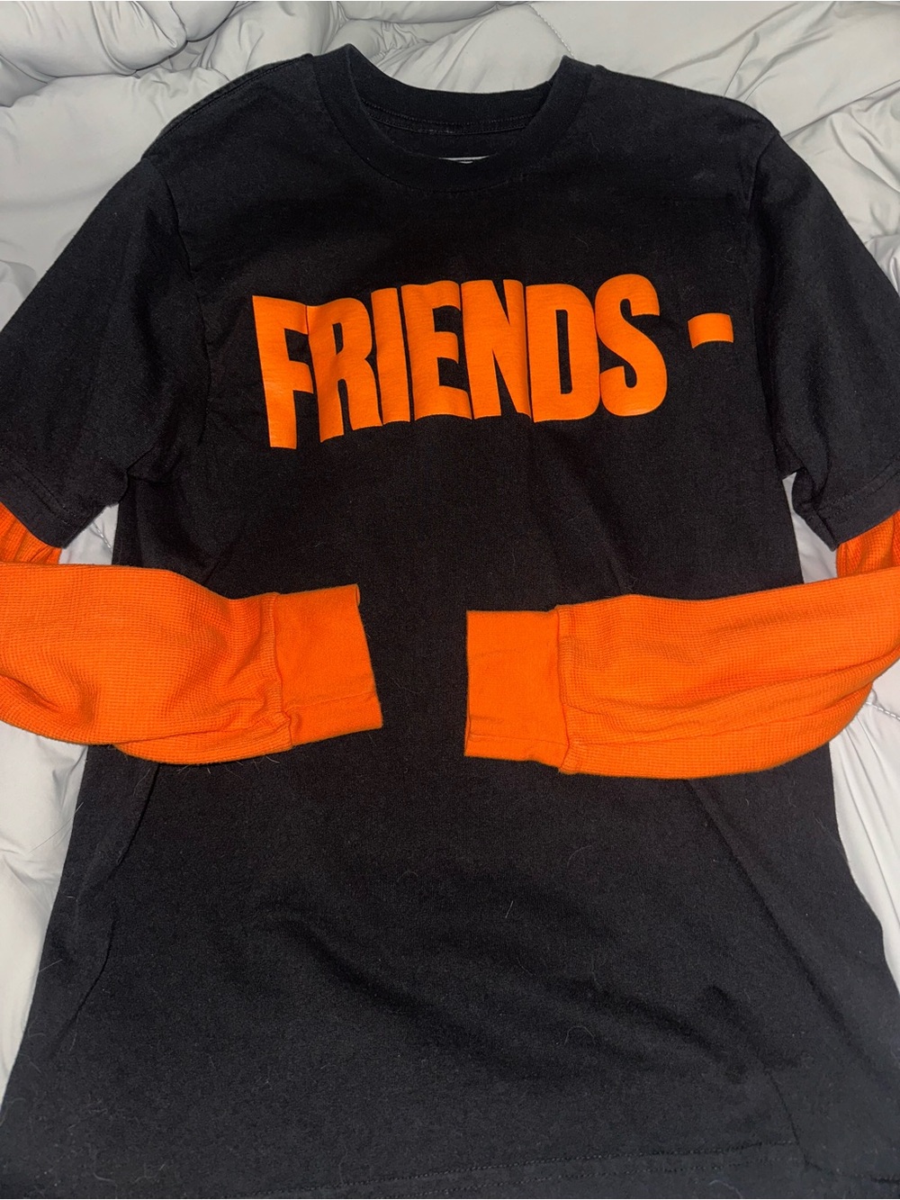 VLONE Black Tee with Bold Orange 'FRIENDS' Print and Orange Layered Sleeves